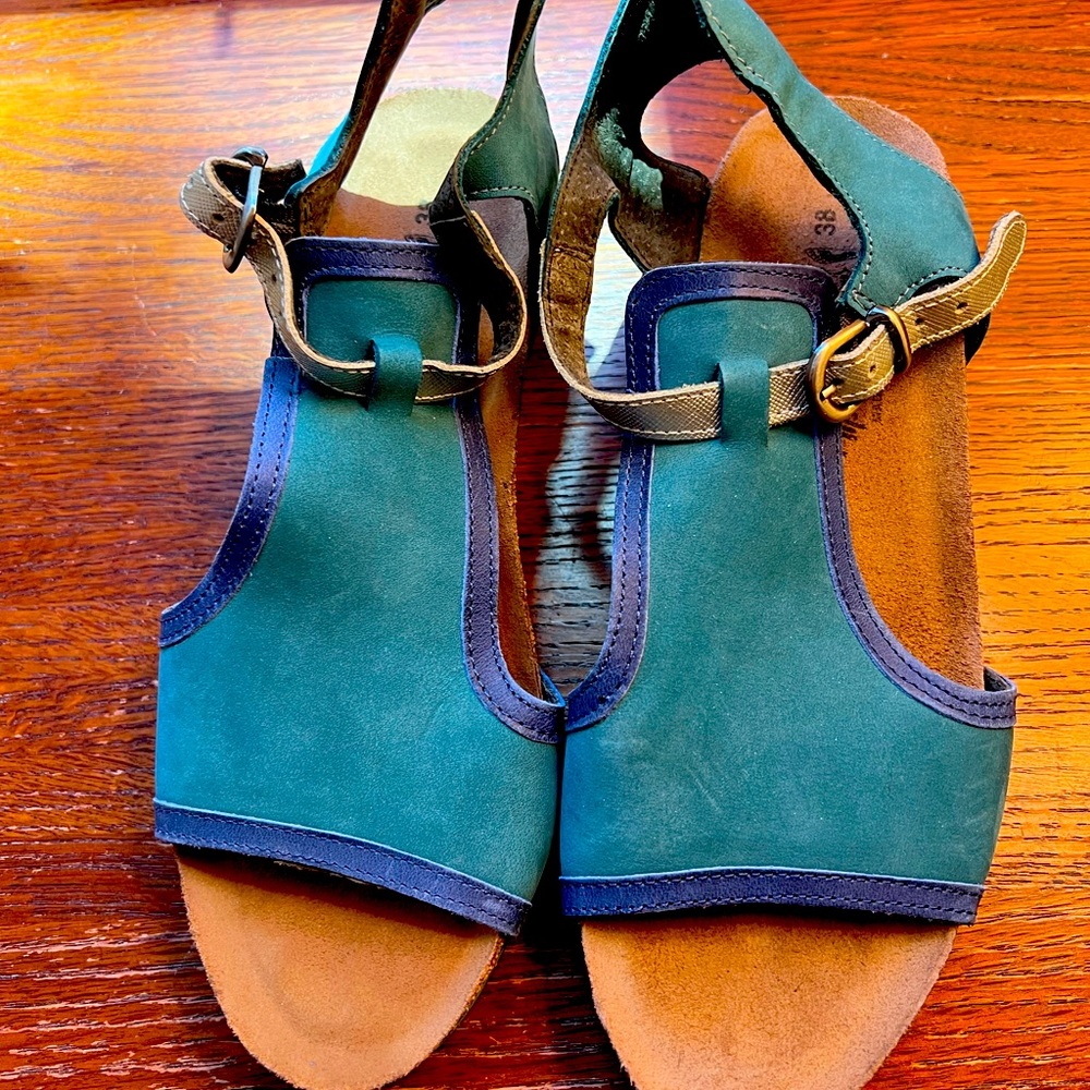 Turquoise blue and silver suede Naot sandals